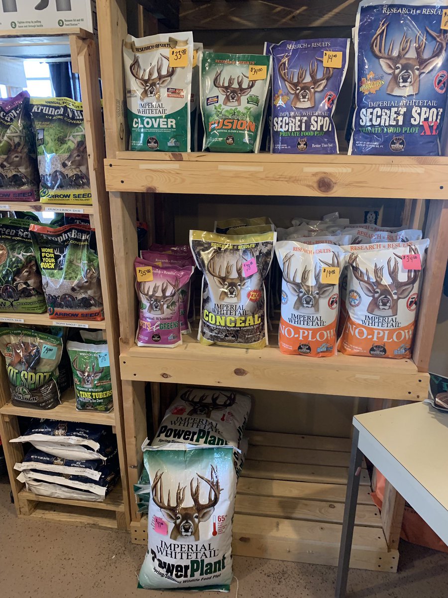thedeerbarn's tweet photo. We received our first order of @WhitetailIns food plot seed today. Several varieties of annuals and perennials. Also Max Arrest Herbicide and soul tests kits. Come see us or call 812-208-2294 https://t.co/ZZEPZ1Y0gY