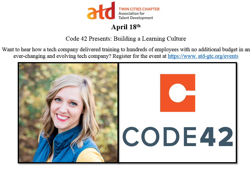 atdgtc's tweet photo. Register and save your seat for this upcoming event to hear from Justine Lauenrt, Director of People &amp; Organizational Development from @code42 
#atdgtc #LearningCulture #events https://t.co/vdiVJhI4NA
