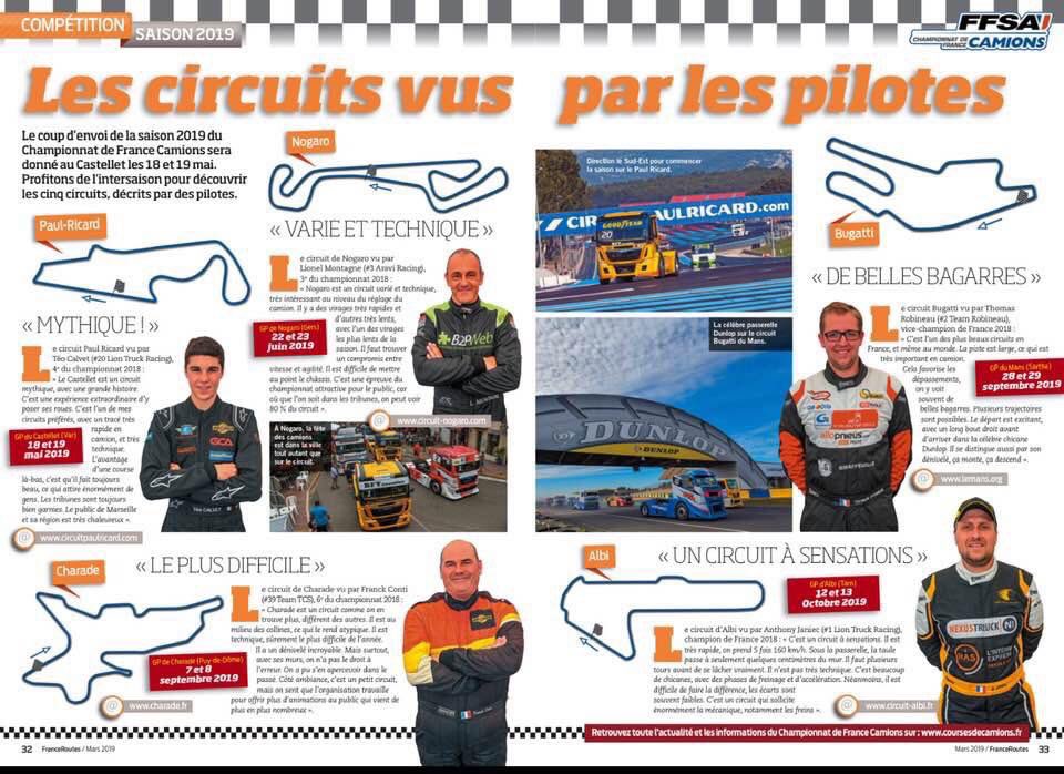 ‼️ Plus que 60 jours avant le début de la saison 2019 ‼️
>>>
Petit extrait du #FranceRoutes 444 en kiosque en ce moment ; avec l’avis des pilotes sur les circuits du championnat de France. #FFSA #CDFCamions #Robineau #Janiec #Calvet #Montagne #Conti #TruckRacing #Truck