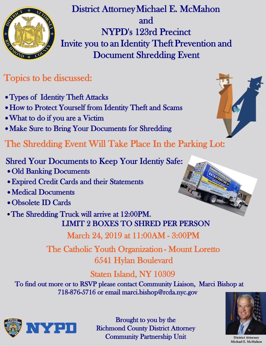 NYPD123Pct's tweet photo. Come to #mountloretto on Sunday for the 123 Precinct and RCDA ID Theft Prevention and Document Shredding Event. https://t.co/VFCCqcv1Eg