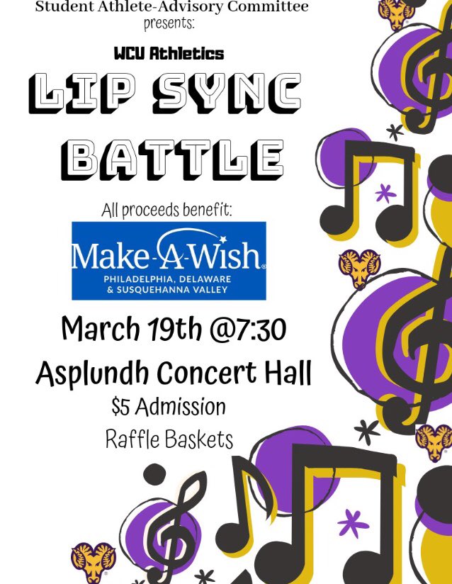 SAACWCU's tweet photo. TOMORROW! Come join us for a fun night of your wcu athletes preforming for you, battling for lip sync champion! $5 at the door, and all proceeds benefit Make-A-Wish 💙 https://t.co/5OnirbDZMA
