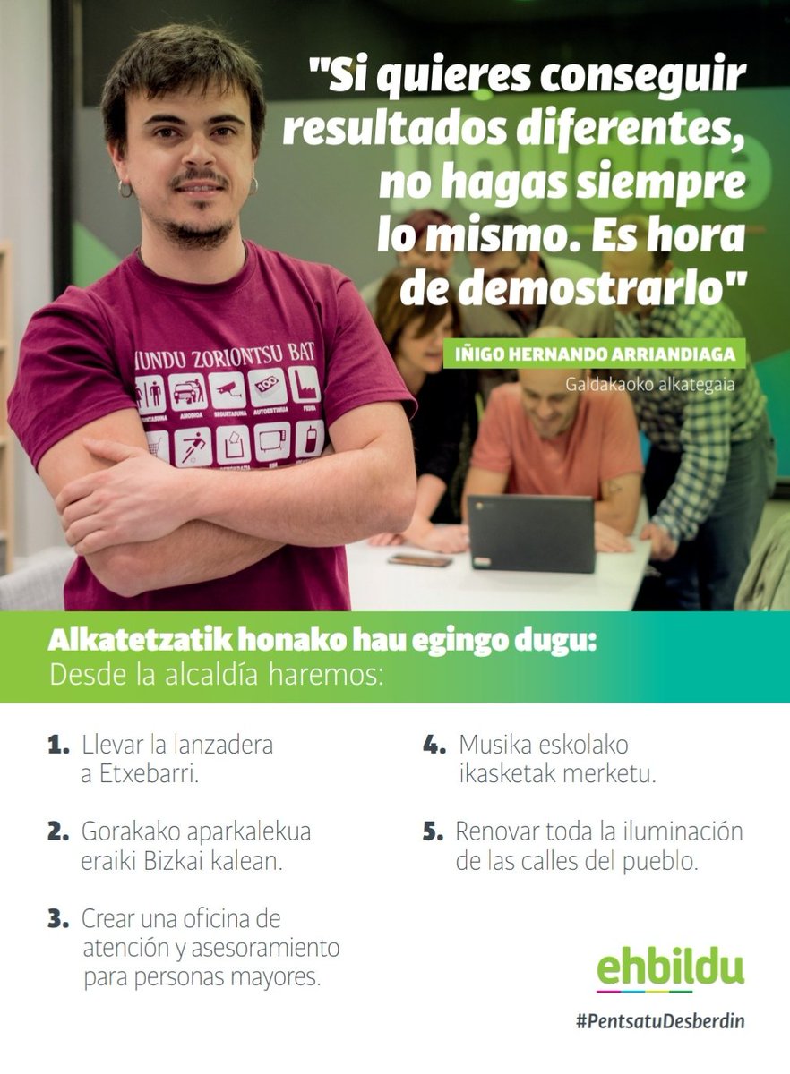 Alkatetzatik hau egingo dugu:
5. Adineko pertsonentzat arreta eta aholkularitza bulego bat sortu.
6. Herriko kale guztietako argiztapena berritu
7. Auzoak lotzeko herri barruko autobusa ipini
#pentsatudesberdin
#denonartean
#iñigoalkate #Galdakao
