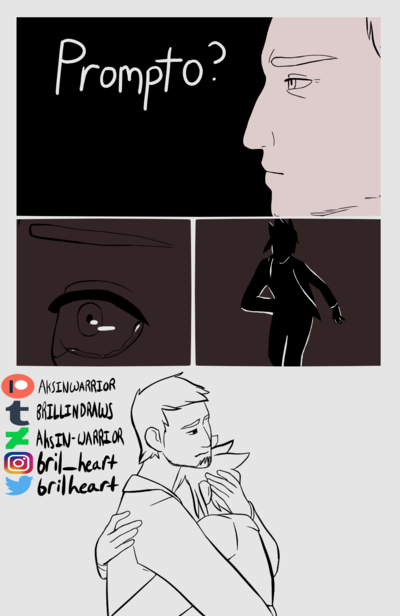 bril_heart's tweet photo. prompto was worried his dad might've died in the fall of insomnia,, cor's earned his nickname though so he was fine #roleswapau https://t.co/d38XGhyPHJ