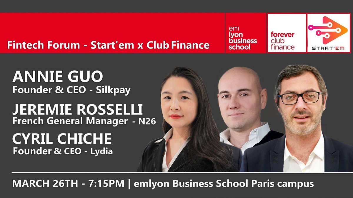 Le 26 mars prochain, venez rencontrer à <a href="/EMLYON/">emlyon business school</a> #Paris le CEO de @applydia, le General manager <a href="/n26/">N26</a> et la CEO <a href="/skillpay/">Skillpay.com</a> ! Inscription obligatoire ici: emlyonforever.com/events/15963