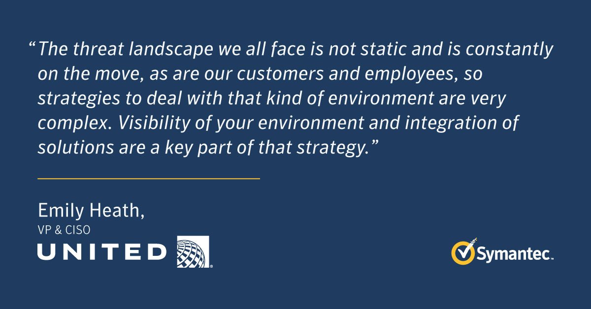 symantec's tweet photo. The threat landscape is ever-changing. Just ask @united's CISO, Emily Heath. See how we're responding with an integrated solution. #platformshift https://t.co/yJqDjtuCG1 https://t.co/rD4OrKqYmx