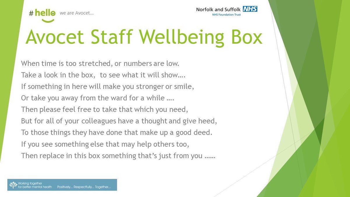 AvocetNsft's tweet photo. @heidimckmatron @Sarah1jayneBall @SWatsonPsych @NsftU There is something familiar about the wording ! Staff wellbeing focus tomorrow for protected time so will look at suggesting re-launching @AvocetNsft ‘s staff wellbeing box #sharingiscaring #GettingBetterTogether #thanksforremindingme https://t.co/goInv8eIAT