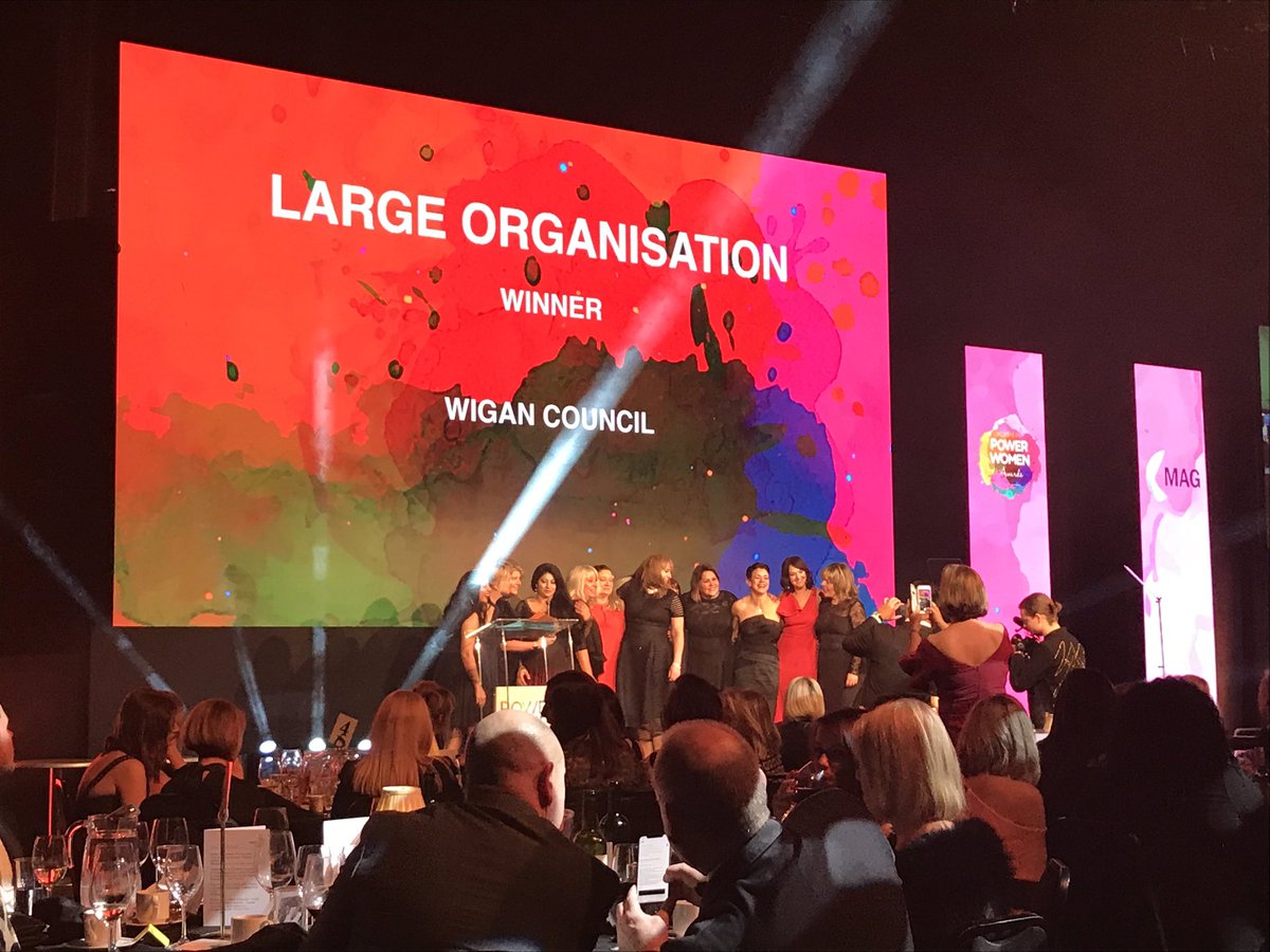 Yes yes yes public sector!!! <a href="/WiganCouncil/">Wigan Council</a> win large organisation of the year @NorthPowerWomen #NPWAwards ❤️❤️❤️