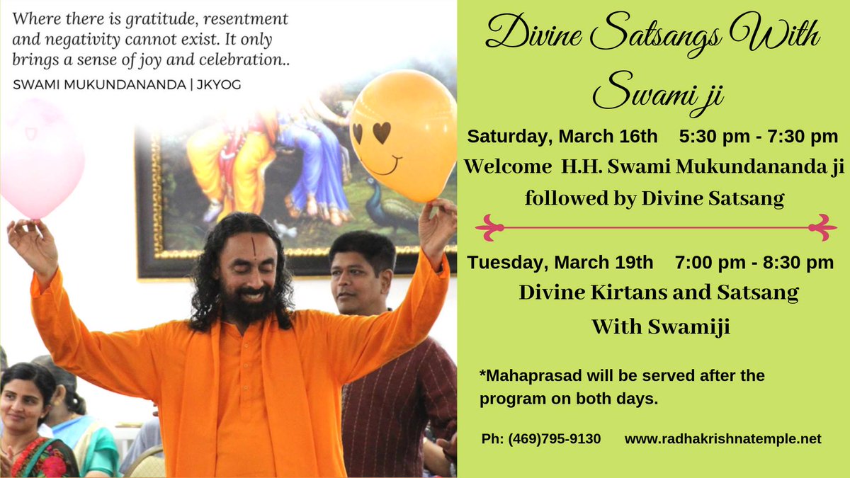 jkyogactivities's tweet photo. 🔔Another divine opportunity for Dallas devotees to practice devotion and increase their love for God, in the presence of our beloved Swamiji @Sw_Mukundananda
Please join Satsang with Swamiji on Tue Mar 19, 7 - 8:30 pm at RKT, Dallas
#Devotion #Kirtan #LTP2019 https://t.co/ZlmNz1ROFF