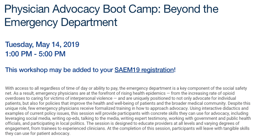 LizSamuels's tweet photo. Going to #SAEM19? Interested in gaining advocacy skills?
Come to our Physician Advocacy Boot Camp!
Tuesday, May 14th, 1-5pm
@SAEMonline @countyeddoc @SocialEmergMed @JahanFahimi @hkanzaria @alterdoctor @mravenEM @JSchuurMD @meganranney @choo_ek
Info: https://t.co/K8DJk370tF https://t.co/qbZO1n1W6N