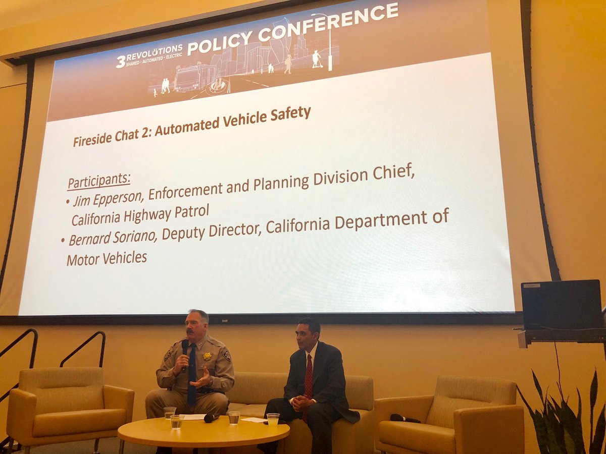 3Rev_ITSDavis's tweet photo. Fireside chat: Bernard Soriano of the @CA_DMV and Jim Epperson of the California Highway Patrol discuss and field questions on regulation and safety of #AutomatedVehicles. #3RConference https://t.co/96VlfaxTwG https://t.co/yGhAKsfvHf