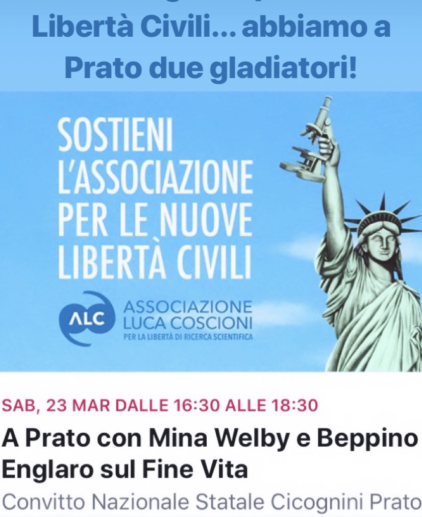 Non perdete un’occasione di Libertà! <a href="/Mina_Welby/">Mina Welby</a> <a href="/ass_coscioni/">Associazione Luca Coscioni</a> <a href="/EutanaSiaLegale/">LiberiFinoAllaFine</a>