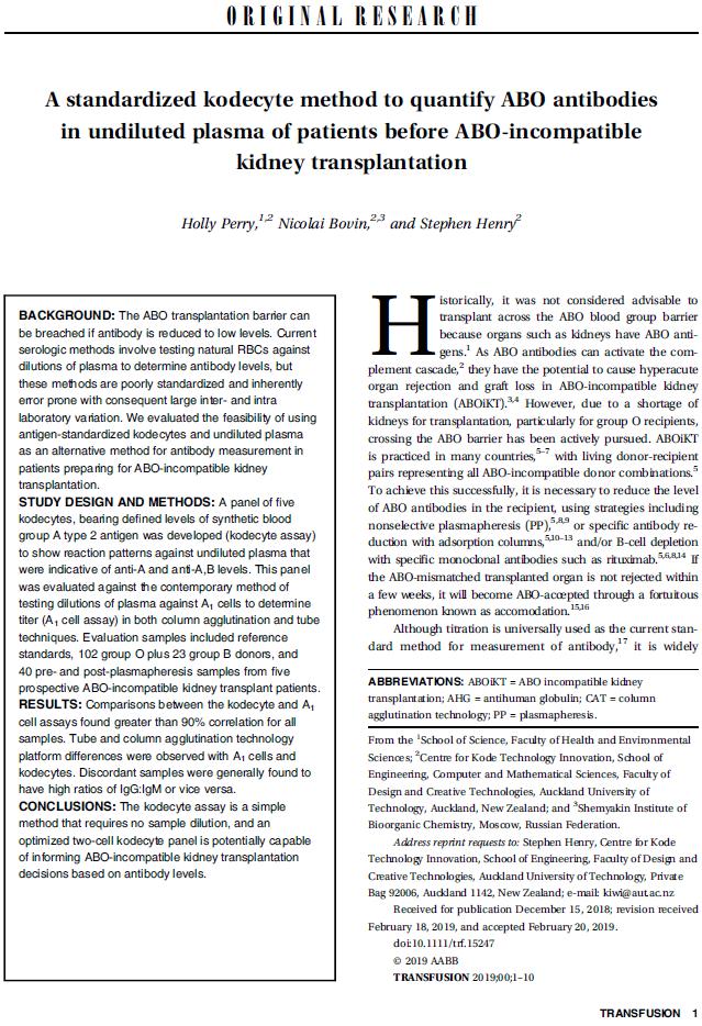 KodeBiotech's tweet photo. PAPER IN PRESS

Congratulations to one of our team, Holly Perry, publishing in Transfusion using Kode™ Technology to quantify ABO antibodies 

https://t.co/r4GPP8F1qf

#antibodies #kodecytes https://t.co/dkWPXbm5Ru