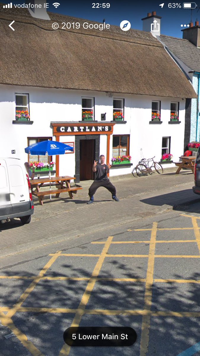 Just looked up Gartlans Pub in #Kingscourt on <a href="/GoogleStreetV/">GoogleStreetView</a> and spotted this character. Anyone know him? <a href="/TG4TV/">TG4</a> #TheIrishPub #cavan