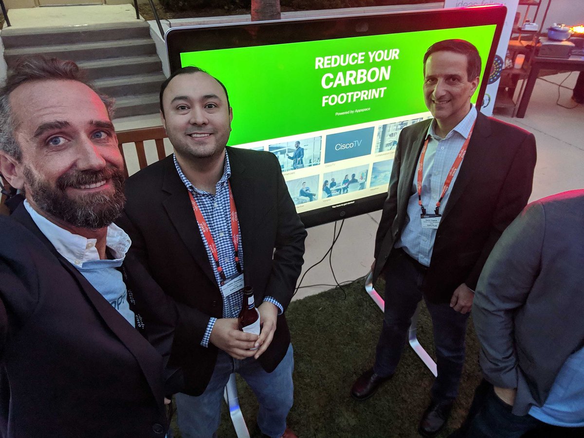 appspace's tweet image. The @CiscoCollab Customer Appreciation event is underway! Look who stopped by for a demo, a drink, and to grab an #Appspace t-shirt. Always good to see @justinthetechie #CiscoCollabEC19