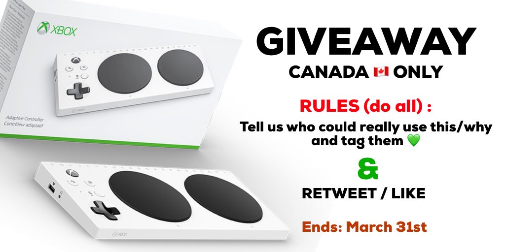 CRIMS0NGUARDX's tweet image. GIVEAWAY: 1 #XboxAdaptiveController 💚 — tell us who could really use this and why; also please tag them! Retweet &amp;amp; Like (no need to follow me &amp;amp; not for controller collectors) — Ends March 31st — (note: CANADA 🇨🇦 ONLY) #XboxOne #Xbox @shieldsjames @SweetMicga @Xbox @XboxCanada