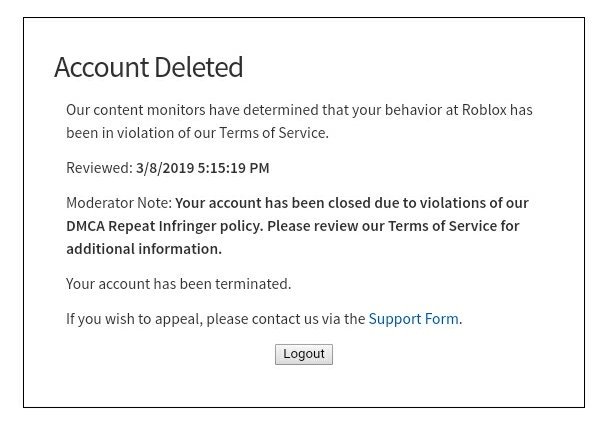 Al On Twitter Roblox My Account From 2008 Was Banned On March 8 2019 For Copyright Violations On March 15 A Method To Comply With Dmca Takedowns Penalty Free Was Introduced Your - roblox my old account