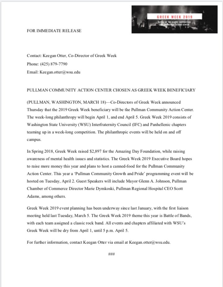 WSUGW20's tweet image. Official Greek Week press release below: