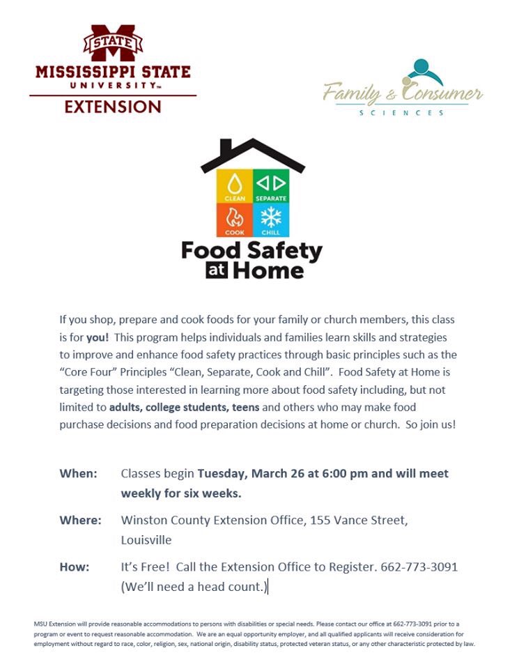MSU_nmrec's tweet image. Food Safety at Home classes begin later this month in Winston County #MSUext