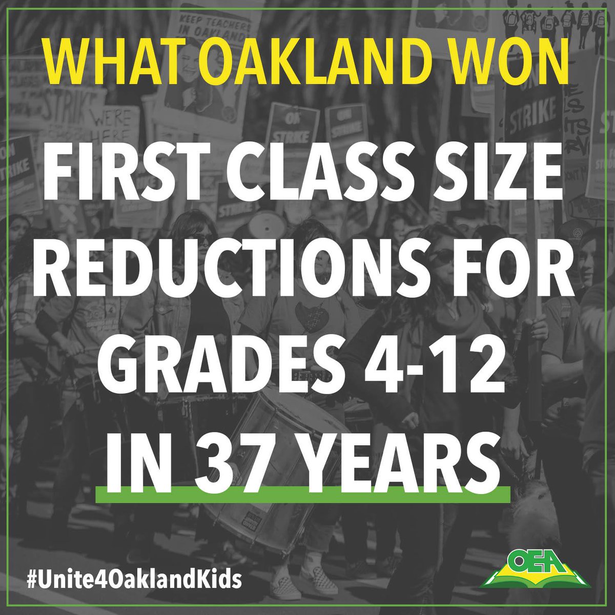 OaklandEA's tweet image. Because  of the power of our strike, we won class size reductions in all grades -  the first class size reductions for grades 4-12 in OUSD since 1982 -  and we prioritized them at our highest needs schools. #StrikesWork #TheStruggleContinues #Unite4OaklandKids (1/3)