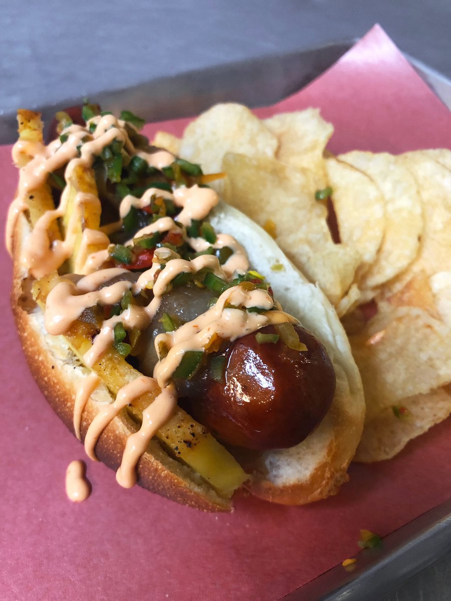 Special numero uno for tomorrow’s <a href="/DogIslandBrew/">DogIslandBrew</a> cask night- House smokie, charred 🍍, poblano relish, bourbon glazed onions, smoky aioli! $5 beers all night, kicks off at 5pm sharp!