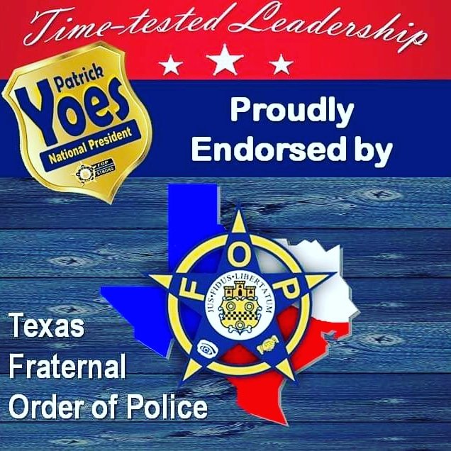 HUMBLED BEYOND WORDS..... Thank you Texas State FOP for their overwhelming endorsement of candidacy for National FOP President. Special thanks to President Steve Stribley, National Trustee Frank Plowick and all of the members of the Texas FOP. See you in New Orleans this August.