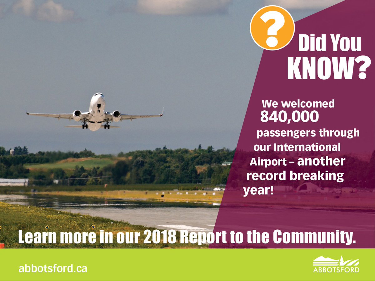 City_Abbotsford's tweet photo. DYK: The Abbotsford International Airport @yxxairport welcomed 840,000 travelers in 2018 - another record-breaking year!
Read more exciting accomplishment in our Report to Community: https://t.co/Nc8XRuxq8X
#HuboftheFraserValley #Bizfriendlyabby #Abbotsford #buildingthehub https://t.co/szDEZJNmxg