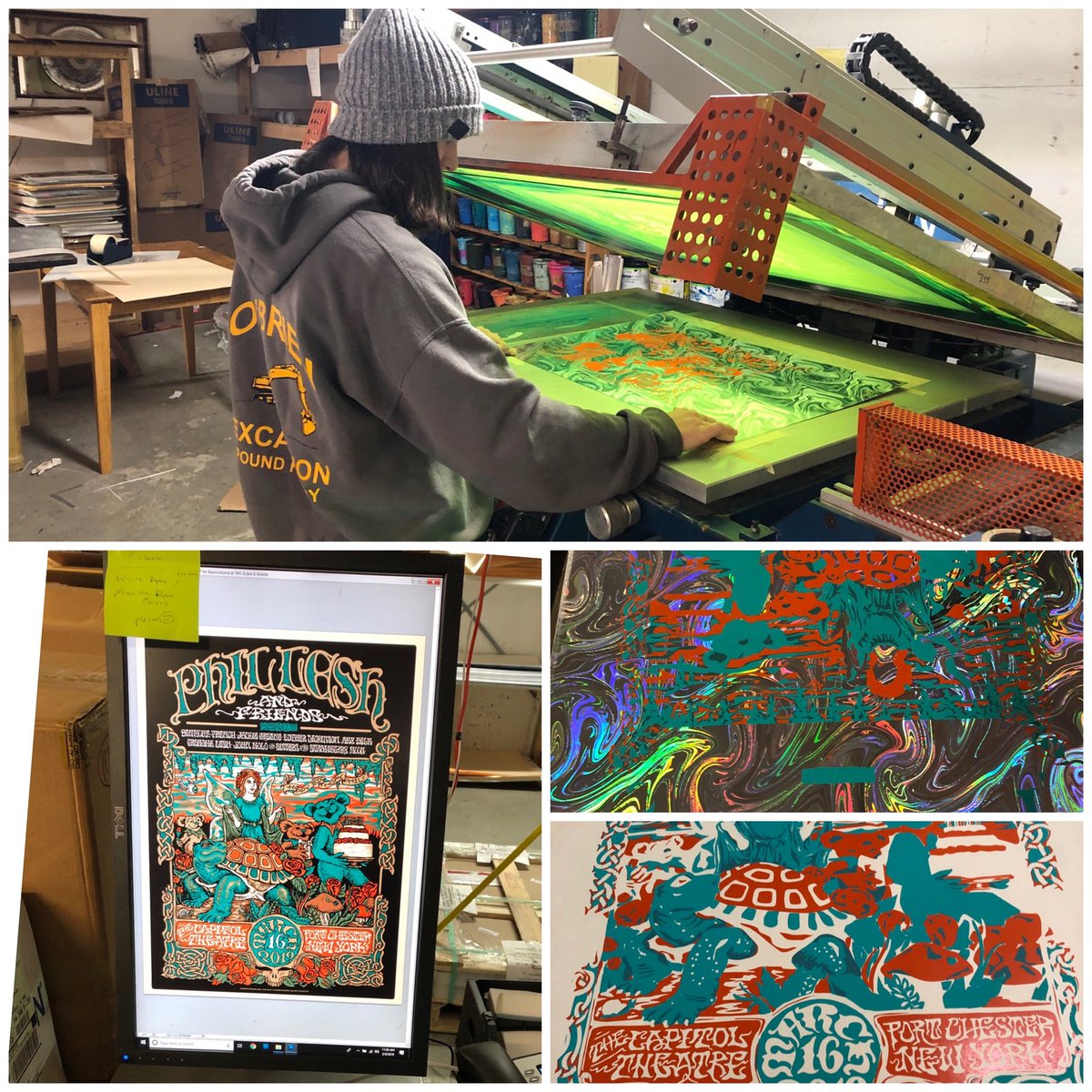 hilinemerch's tweet image. #processpic 🎨 of our fantastic #screenprinter Eileen bringing tonight's #philleshandfriends posters to life! Tonight is Phil's 80th show at the @capitoltheatre since the venue's revival in 2012. 

#hilinemerch #printedathiline #screenprintedposters #concertposters #phillesh