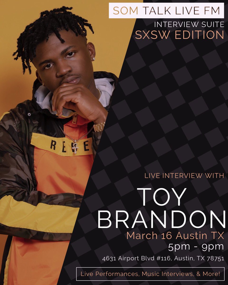 ToyBrandonMusic's tweet photo. One time to @realruebenwood for the opportunity to be featured on @somtalklivefm live at #sxsw interview starts at 5:45pm powered by @spinstatz @fly935radio @power1049fm @dablazefm #NeverNotWorking #DMG #FlightTeamPromotions βFast Life β GOING GLOBAL π #sxsw2019 https://t.co/a6z9cSbiDn