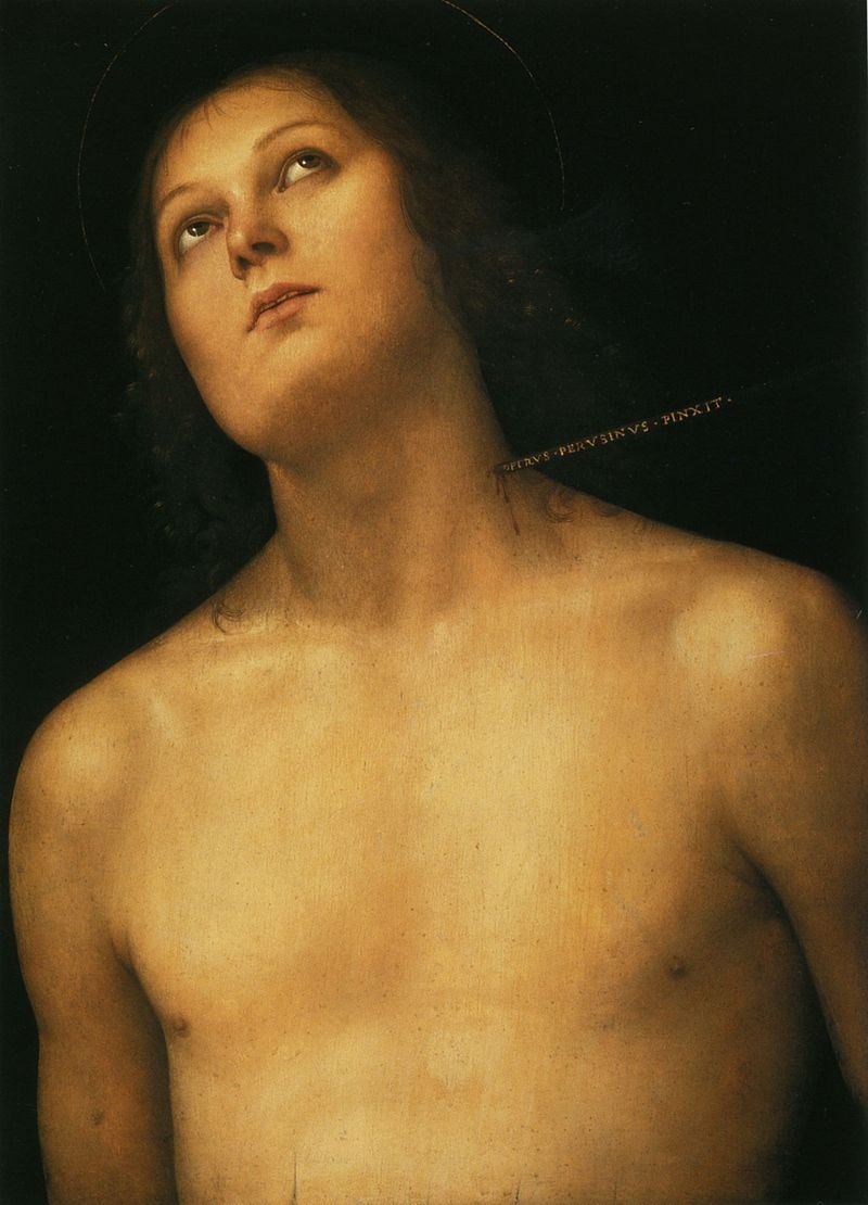 Maeterlinck's tweet photo. Perugino, «San Sebastián», 1494 
PIETRUS PERUSINUS PINXIT (Pedro Perugino lo pintó). Probablemente la firma mejor clavada de la historia del arte https://t.co/OLaAqmUrVc