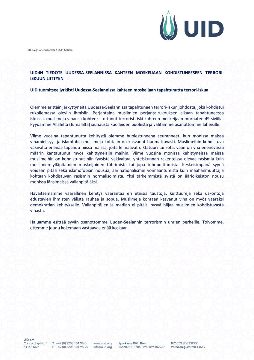 UID tuomitsee jyrkästi Uudessa-Seelannissa kahteen moskeijaan tapahtunutta terrori-iskua 

#NewZealand #Islamophobia
#MosqueMassacre #Christchurch

@bilgi_blent