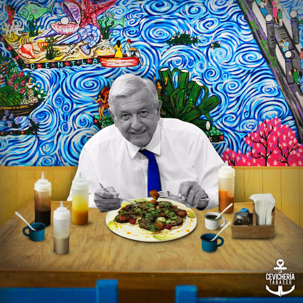 Gracias Presi <a href="/lopezobrador_/">Andrés Manuel</a> por visitarnos y “jondearse” un púlpito asado con harto plátanito frito. 
*Los fifís dirán que es Photoshop 🙊

#SomosCevichería #Tabasco #VenATabasco #ComeTabasco