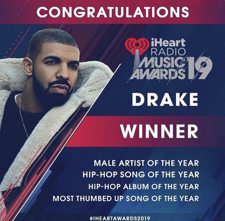 Drake wins 4 awards at the #iHeartAwards2019 including Artist of the Year!