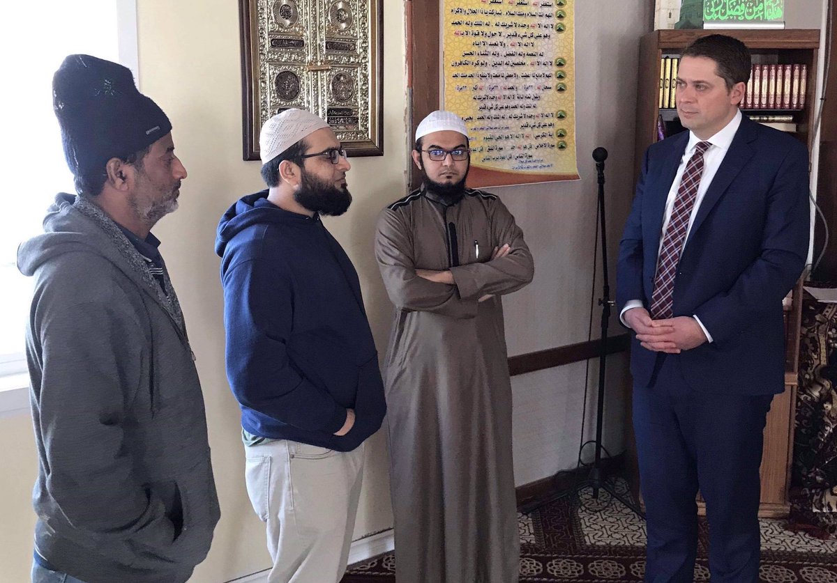 AndrewScheer's tweet photo. It was an honour to be welcomed by members of my hometown Regina’s local Muslim community at the Madni Islamic Centre &amp; Mosque today. All Canadians stand with our Muslim brothers &amp; sisters in the wake of the horrific terrorist attack on innocent people at prayer in New Zealand. https://t.co/O9JyPAjctz