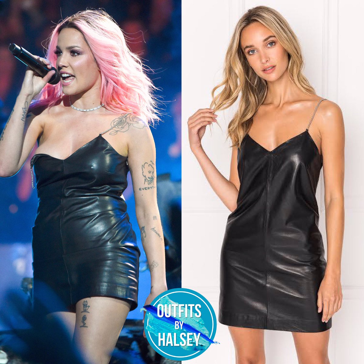 Outfits by Halsey on X:  During her performance of “Without Me” and “11  Minutes” at the #iHeartRadioMusicAwards, Halsey wore a #Lamarque “Chanel”  chain strap leather slip dress ($325.00 USD). Get her
