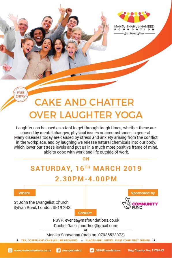 #LaughterYoga session to breathe, laugh and be happy to relieve #stress and cope with life’s #challenges .  <a href="/MSHFoundations/">MSH Foundations</a> organised the #LaughterYoga session with <a href="/unitedmind/">Lotte Mikkelsen #youreverydaylaughterqueen</a> #StJohnEvangelistChurch #UpperNorwood with the sponsorship of <a href="/TNLComFund/">The National Lottery Community Fund</a>