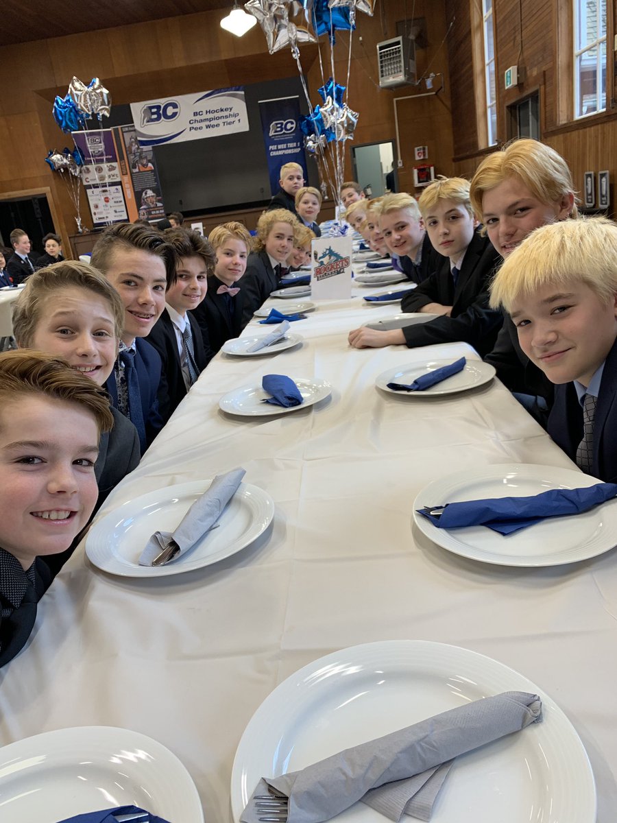 Boys are settled in for the BC Hockey Provincial Banquet. Game 1 goes tomorrow at 4pm against Prince George. There are 6 teams here - 5 game Round Robin and top 2 play in the final. Games are all 3 - 20 Minute stop time periods with a flood in between. Going to be a lot of ice.