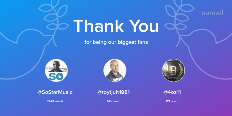 Our biggest fans this week: <a href="/SoStarMusic/">So-Star</a>, <a href="/roytjuh1981/">Roy</a>, <a href="/4oz11/">4oz</a>. Thank you! via sumall.com/thankyou?utm_s…