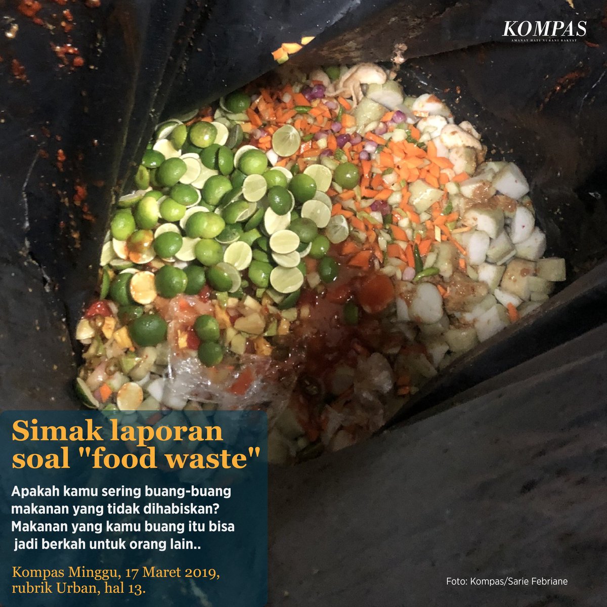 hariankompas's tweet photo. Kita membuang terlalu banyak makanan. Coba cek tempat sampah di rumah: buah, sayur, ikan, daging, bumbu, juga makanan kemarin, bertumpuk. Amat jarang kini kita menerima teguran keras jika makanan di piring tak licin tandas.

#GayaHidup #AdadiKompas https://t.co/ZnG02YIywG