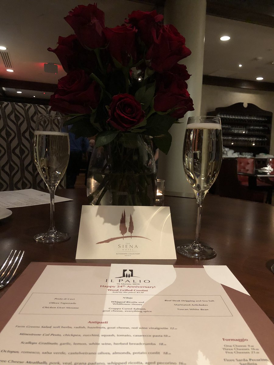 Engineer0633's tweet photo. 25 years ago we got engaged in @Il_Palio and each year we were turn to celebrate our anniversary. Thanks @SienaHotel and @Il_Palio for making our 24th anniversary very special. (24 roses at our table and a hand written note from the restaurant manager) https://t.co/QUEUFlWhCs