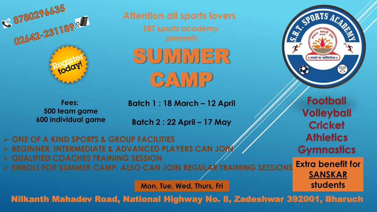 SBTsprtsacadmy's tweet image. Get a chance to get your skills improved by joining our summer camp.....hurry starts tomorrow...limited registration only.... #summercamp #Sports #skilldriven