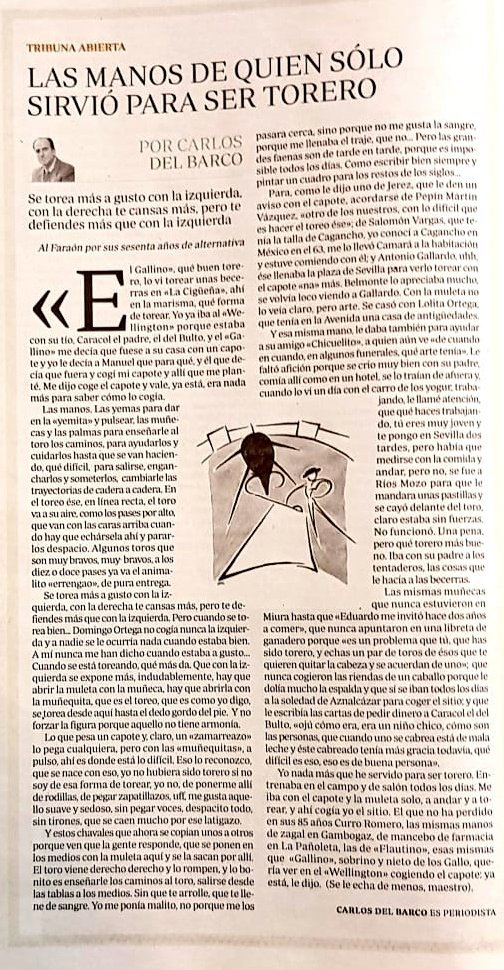 Hoy la portada del <a href="/abcdesevilla/">ABC de Sevilla</a> es terracota de Mercadante dibujada por Jiménez Sánchez-Dalp y la tribuna de Curro un prodigio de <a href="/BarcoGalvan/">carlos del barco</a> que ya hubiera querido firmar Chaves Nogales. Todo un mano a mano de las manos del Maestro en barbaridad grande.