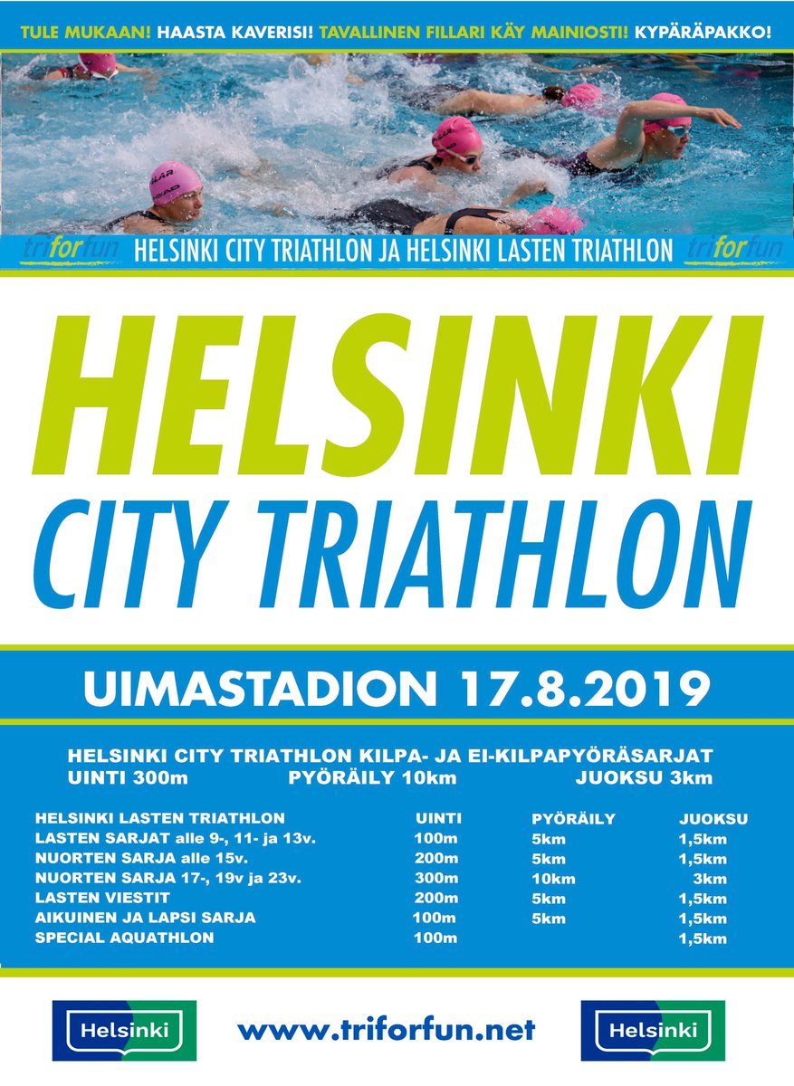 Vantaa Triathlon 15-16.6 Vantaan Kuusijärvellä  ja 
Helsinki City Triathlon 17.8 Helsingin Uimastadionilla
Maksuportaat vaihtuvat tänään 17.3!

Lisätietoja ja ilmoittauminen triforfun.net