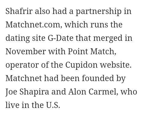 "Ami Shafrir's main business had been Amtec Audiotext, a sex-calls operation with annual turnover of tens of millions a year. One of its biggest assets was its database of users."Shafrir also had a partnership with Joe Shapira, Nickie Lum Davis' ex- husband.