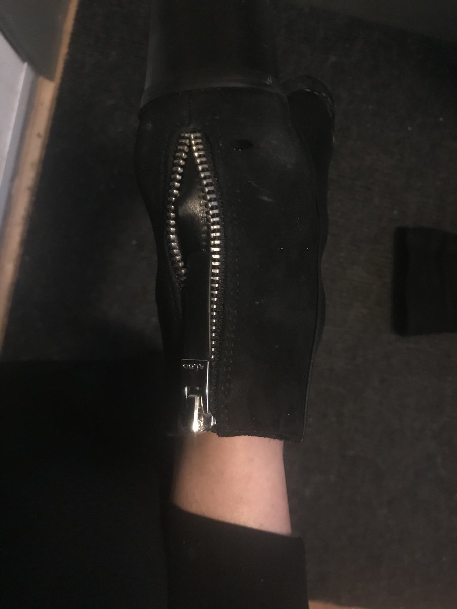 LindsaySavill's tweet photo. Bought these shoes from ALDO 5 days ago, wore them for maybe 5 minutes and the zipper breaks and I’m told after I just bought a hundred dollar pair of shoes that I can’t return them without a box, I paid for the shoes not the box. #CustomerExperience #CustomerFeedback @ALDO_Help https://t.co/ryk31aM7Gc