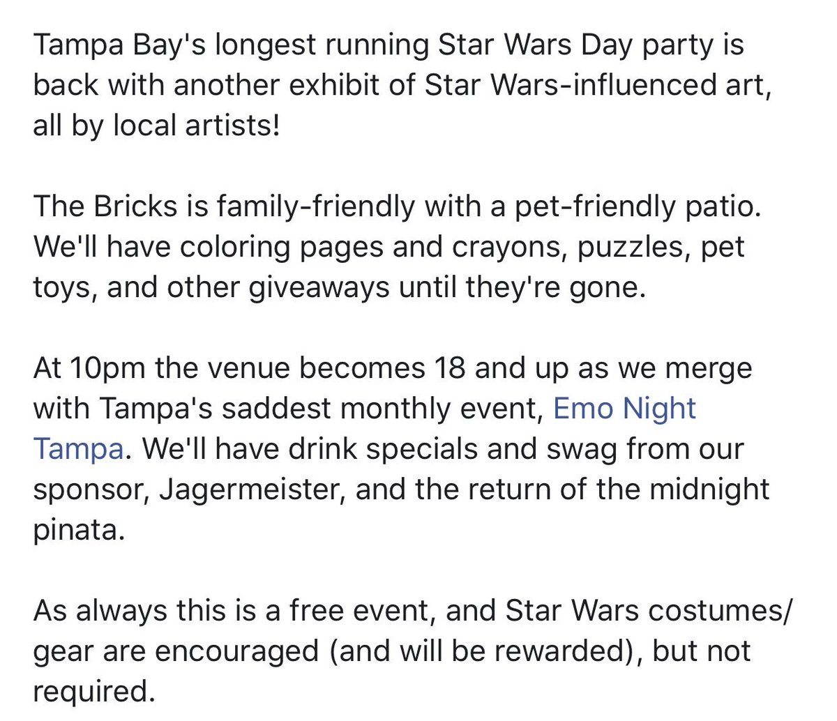 This year's #StarWarsDay party will be in partnership w/Tampa’s saddest dudes, <a href="/Emo_Night_Tampa/">Emo Night Tampa</a> at <a href="/thebricksybor/">The Bricks</a> on 5/4. Art show starts at 8p, party starts at 10p #theartofdanielryan (one of this year’s artists) #maythefourthbewithyou facebook.com/events/4140167…