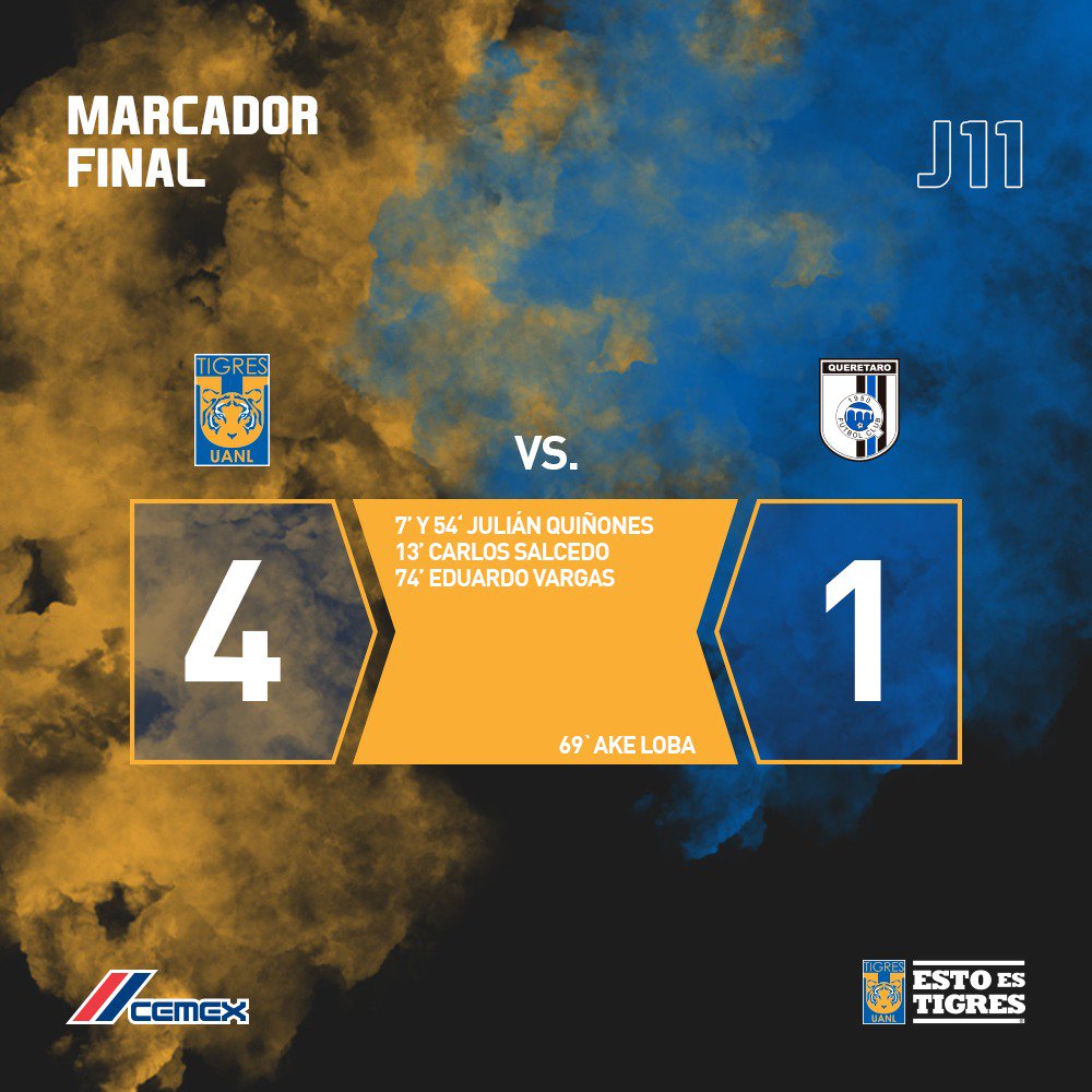 TigresOficial's tweet photo. Termina el partido, @TigresOficial consigue su octavo triunfo del torneo para llegar a 26 puntos y colocarse momentáneamente en la cima del Clausura 2019.
¡Vamos equipo! También hoy ganamos tres puntos más. 👊🐯

Marcador patrocinado por @CementosCEMEX 

#VamosEnElCaminoCorrecto https://t.co/guKx5I0tVv
