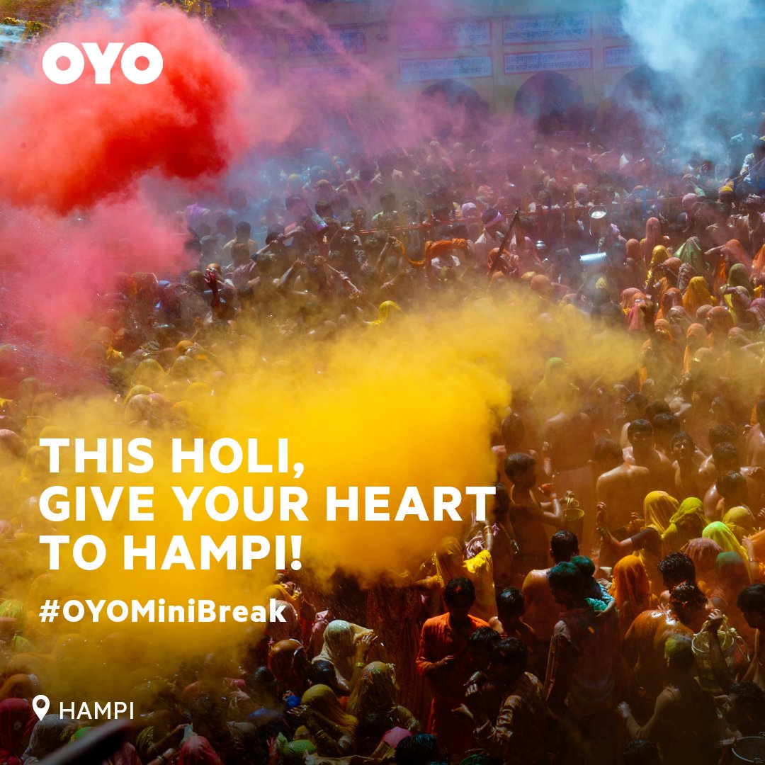 oyorooms's tweet photo. Watch a plethora of colours cover the sky in Hampi. Take an #OYOMiniBreak and make this Holi the best one yet. To book now, click: https://t.co/asYJQ8DTD0

#Holi2019 #Colours #friends #travel #culture #Indiatravel  #OYOTravels https://t.co/0W3kN7oyiL