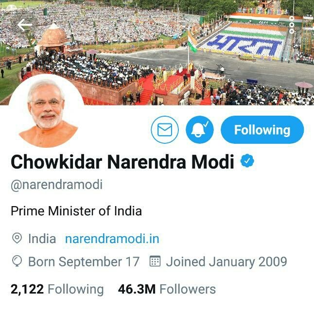 narendramodi177's tweet image. PM @narendramodi has changed his Twitter handle to &quot;chowkidar Narendra Modi&quot; #ChowkidarPhirSe