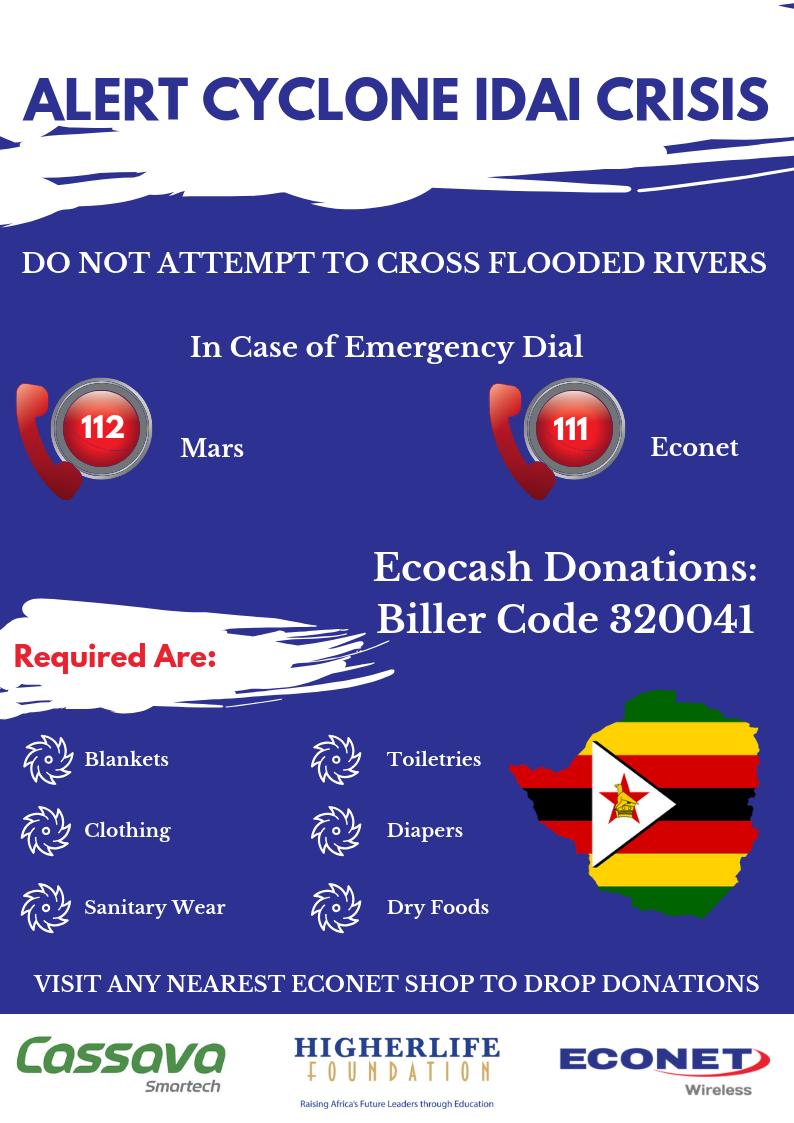 econetzimbabwe's tweet photo. Take Action Now &amp; Donate towards relief efforts for all people affected by #cycloneidai 

Visit your nearest Econet shop to drop your donation or use the Ecocash biller code 320041

Dial 112 or 111 in case of emergencies! Do not attempt to cross flooded rivers!

Spread the word! https://t.co/u1iRlSIoNd