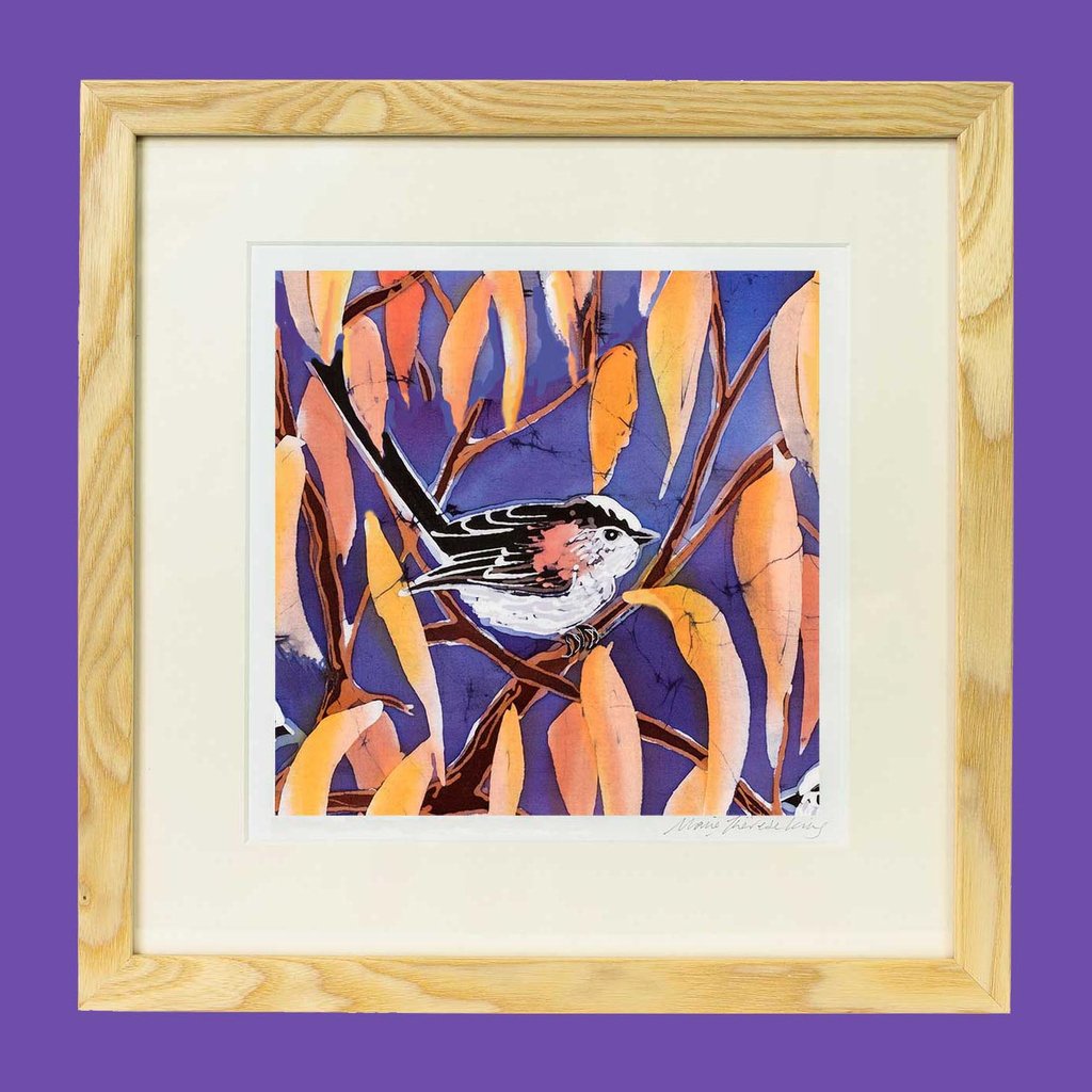 king_therese's tweet photo. This design features a section from an original hot wax batik painting featuring a group of twittering, little long-tailed tits that have just flown on to a cherry trees leaves. Oranges and pinks on an autumn evening with a huge salmon sun setting  #birdart #longtailtit https://t.co/g1Kg9rhTtd